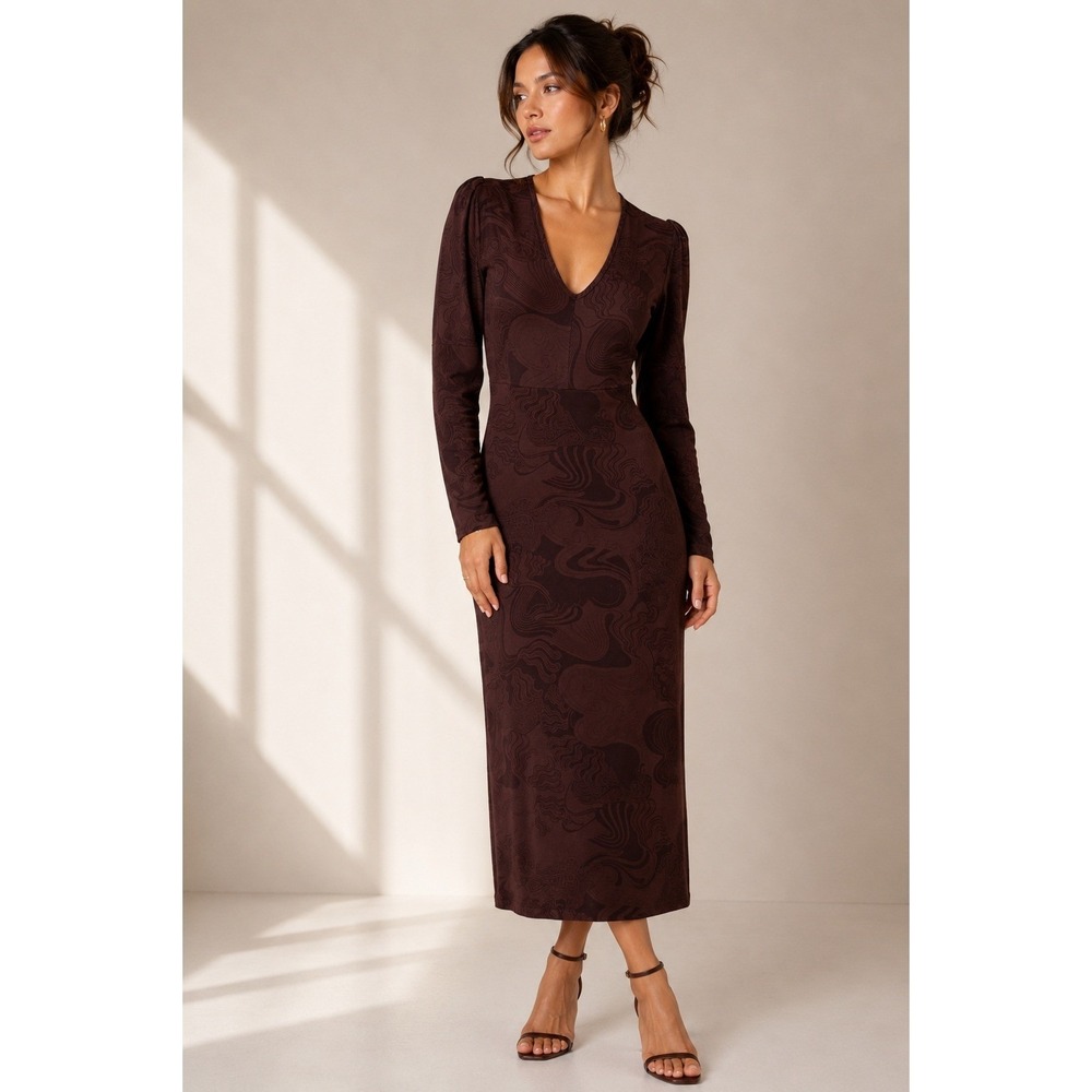 Vintage‎ 90s Tehen Midi Dress Womens 3 Brown EUC Jacquard Knit Long Sleeve Paris